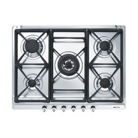 SMEG gáz főzőlap, Classica design, 70 cm, 5 gázégő, ebből 1 db 5,0 kW-os wok égő, ezüst vezérlőgombok, rozsdamentes acél