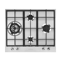 SMEG gáz főzőlap, Classica design, 60 cm,4 gázégő, ebből 1 3,5 kW-os wok égő, szálcsiszolt rozsdamentes acél, ezüst vezérlőgombok