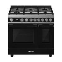 SMEG SZABADONÁLLÓ TŰZHELY, Portofino design, 90 cm, 70+35 l, 8+4 f, gőztisztítás, 6 égő (ebből 1 db 4,2 kW-os WOK égő), fekete